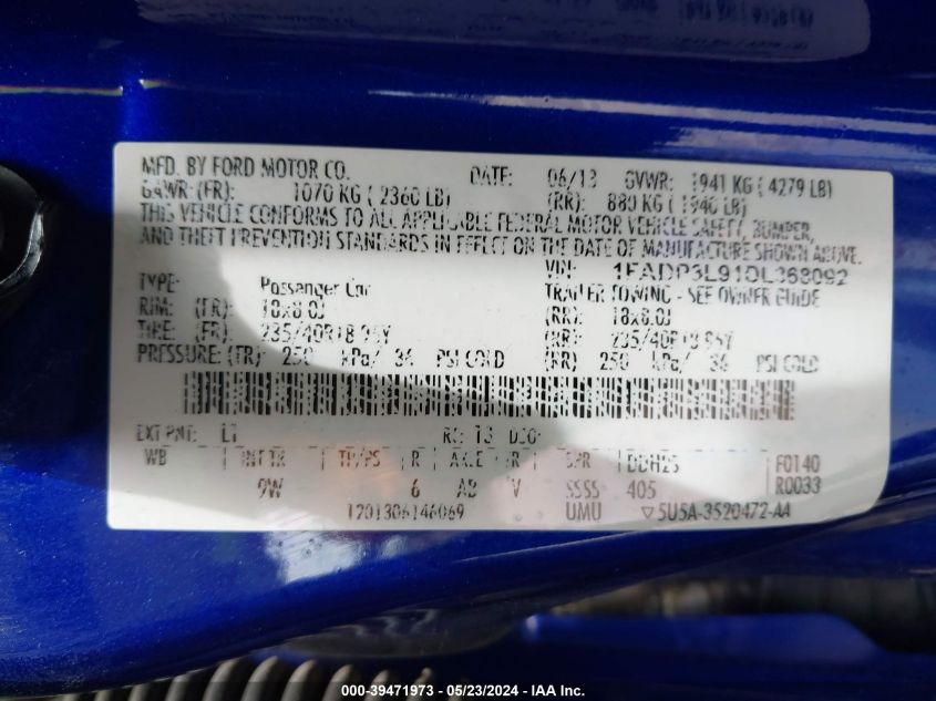 2013 Ford Focus St VIN: 1FADP3L91DL368092 Lot: 39471973