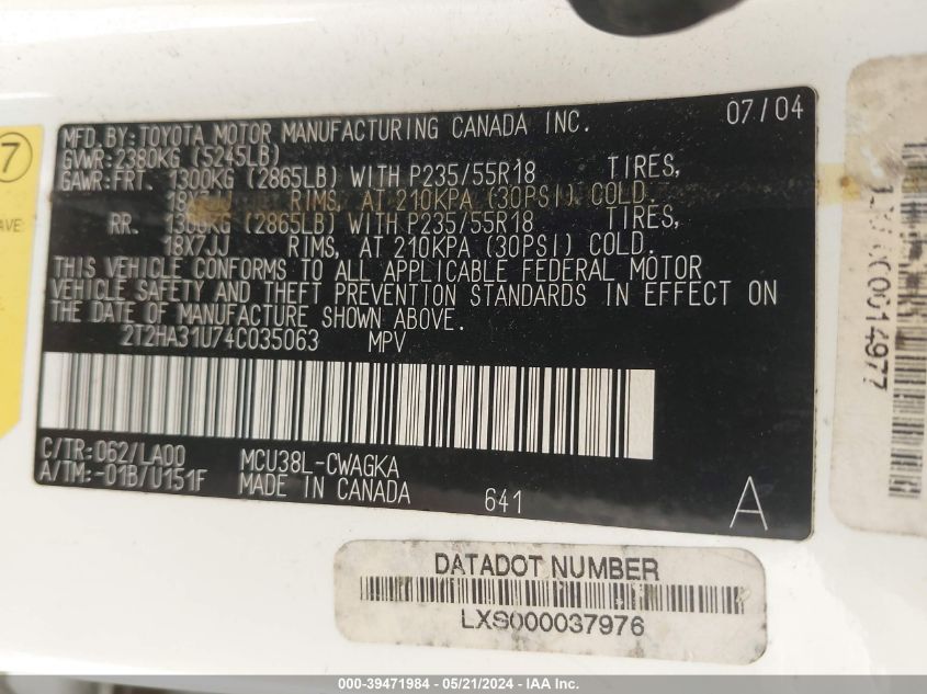 2004 Lexus Rx 330 VIN: 2T2HA31U74C035063 Lot: 39471984