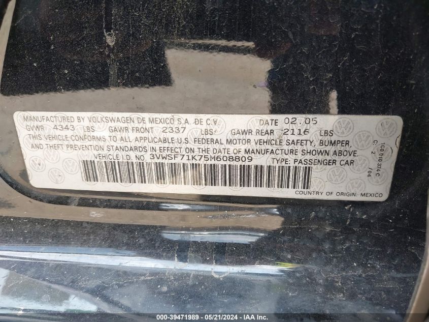 2005 Volkswagen Jetta 2.5 VIN: 3VWSF71K75M608809 Lot: 39471989