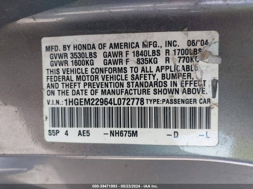 2004 Honda Civic Ex VIN: 1HGEM22964L072778 Lot: 39471993
