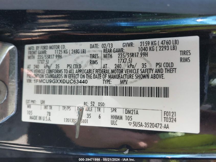 2013 Ford Escape Se VIN: 1FMCU9GXXDUC63440 Lot: 39471998