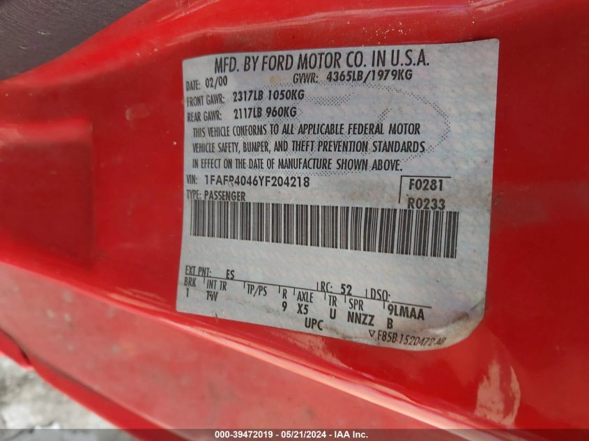 2000 Ford Mustang VIN: 1FAFP4046YF204218 Lot: 39472019