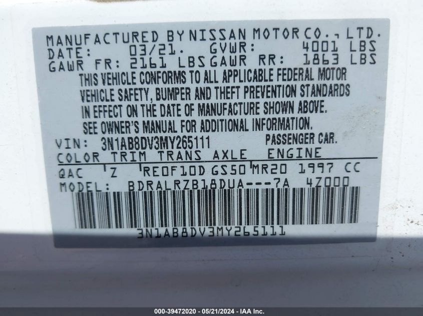 2021 Nissan Sentra Sr Xtronic Cvt VIN: 3N1AB8DV3MY265111 Lot: 39472020