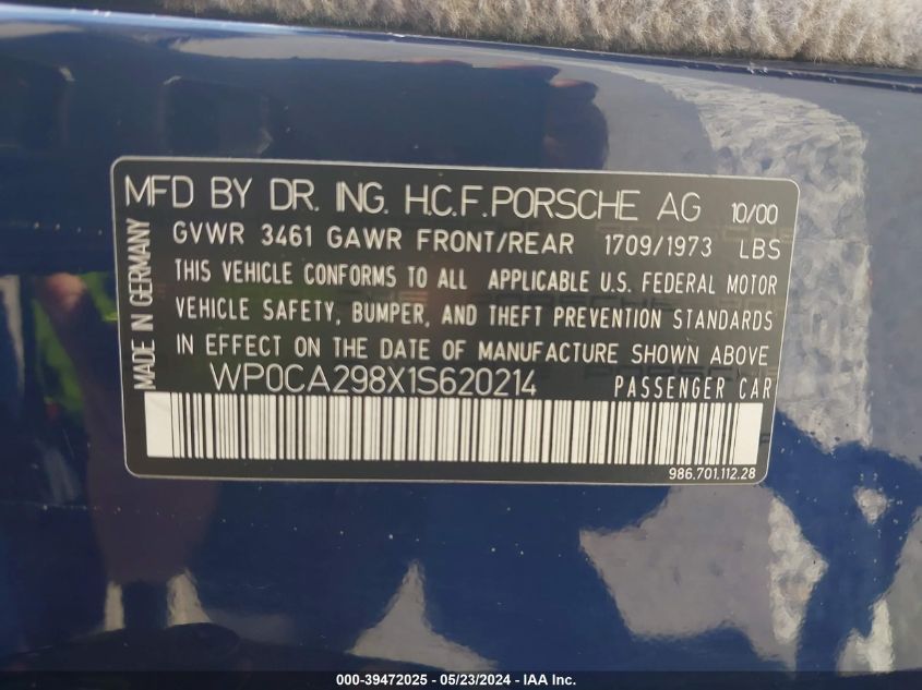 2001 Porsche Boxster VIN: WP0CA298X1S620214 Lot: 39472025