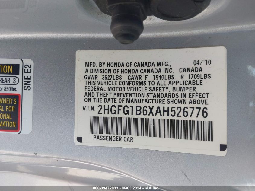 2010 Honda Civic Lx VIN: 2HGFG1B6XAH526776 Lot: 39472033