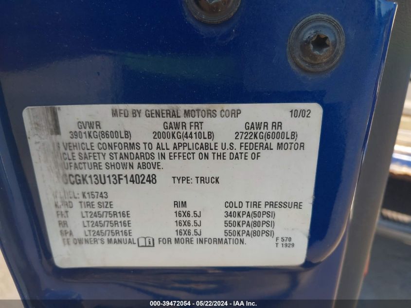 2003 Chevrolet Silverado 1500Hd Ls VIN: 1GCGK13U13F140248 Lot: 39472054