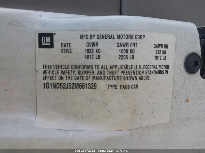 2002 Chevrolet Malibu VIN: 1G1ND52J52M661329 Lot: 39472062