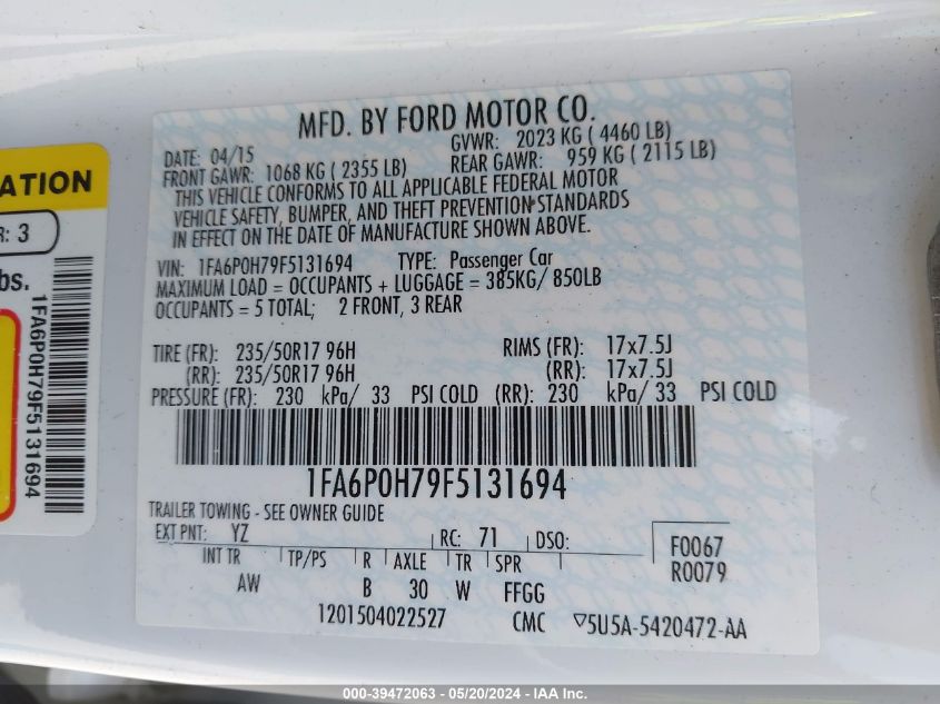 1FA6P0H79F5131694 | 2015 FORD FUSION