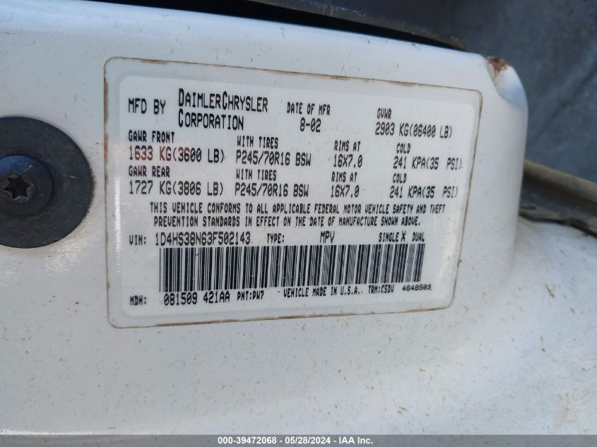 2003 Dodge Durango Sport/Sxt VIN: 1D4HS38N63F502143 Lot: 39472068