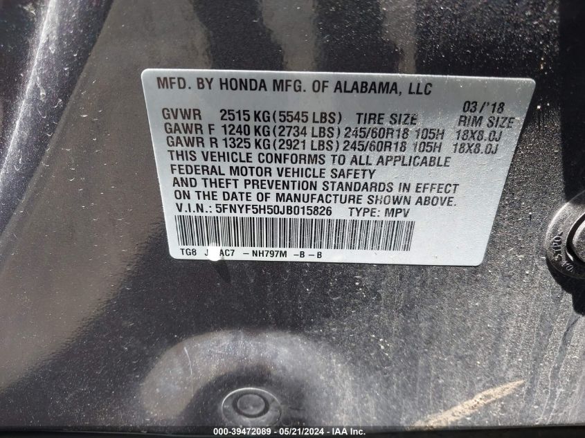 2018 Honda Pilot Ex-L VIN: 5FNYF5H50JB015826 Lot: 39472089