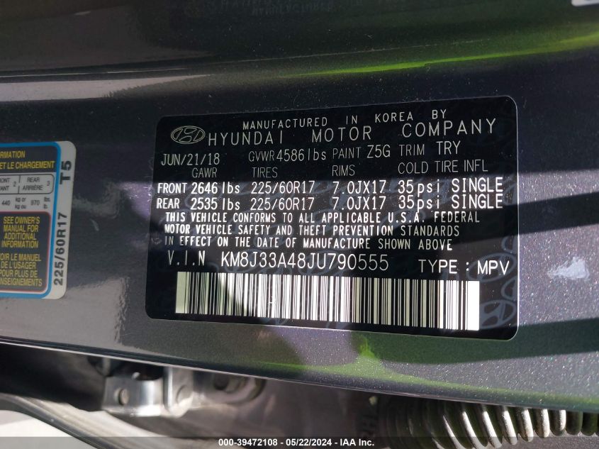 2018 Hyundai Tucson Sel VIN: KM8J33A48JU790555 Lot: 39472108