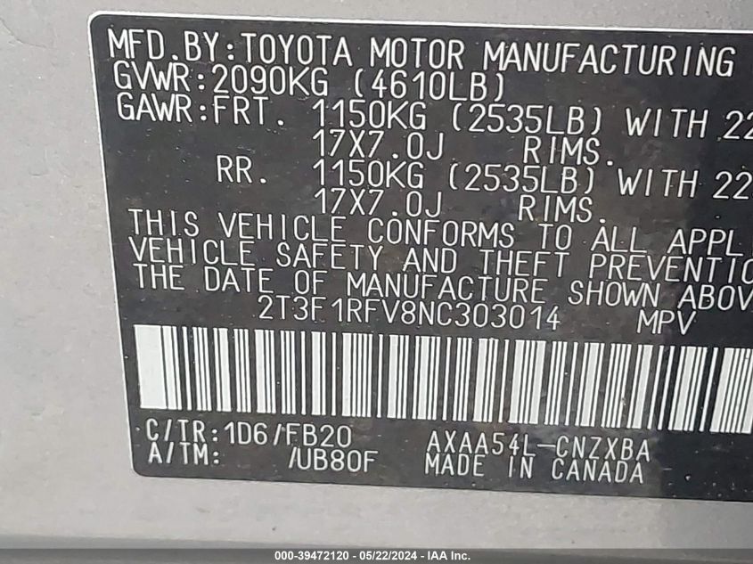 2022 Toyota Rav4 Le VIN: 2T3F1RFV8NC303014 Lot: 39472120