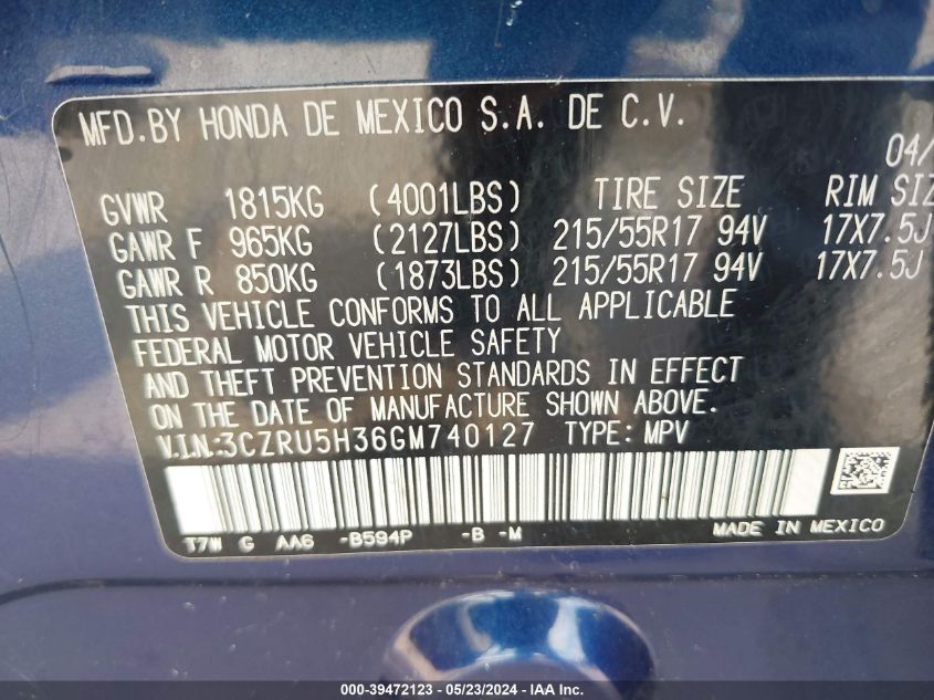 2016 Honda Hr-V Lx VIN: 3CZRU5H36GM740127 Lot: 39472123