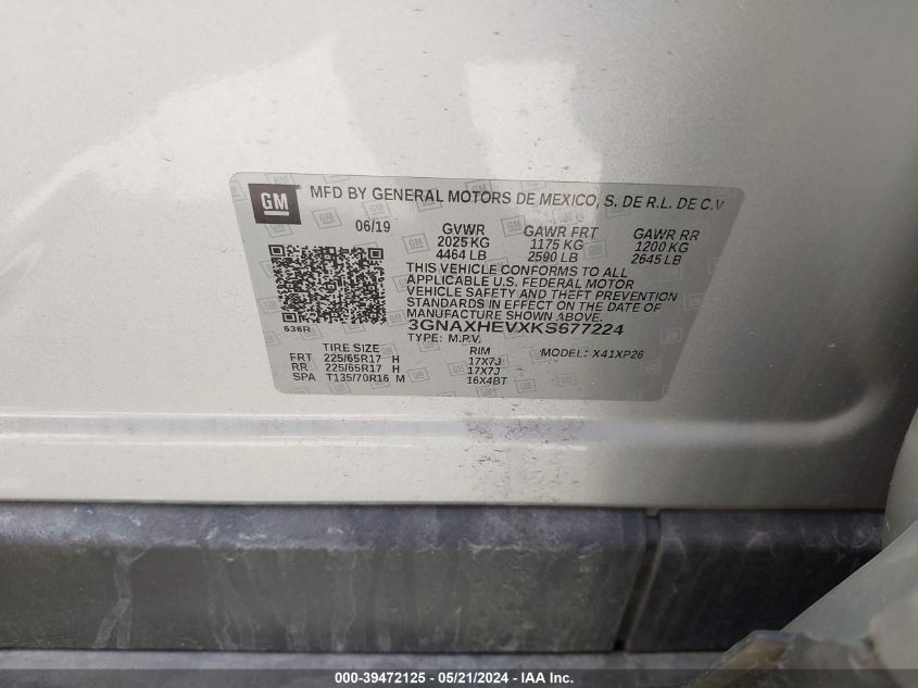 2019 Chevrolet Equinox Ls VIN: 3GNAXHEVXKS677224 Lot: 39472125