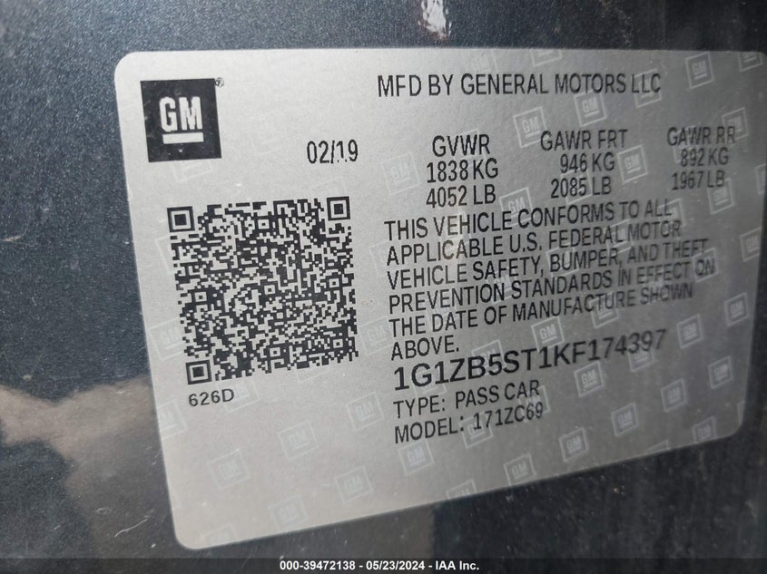 2019 Chevrolet Malibu 1Ls VIN: 1G1ZB5ST1KF174397 Lot: 39472138