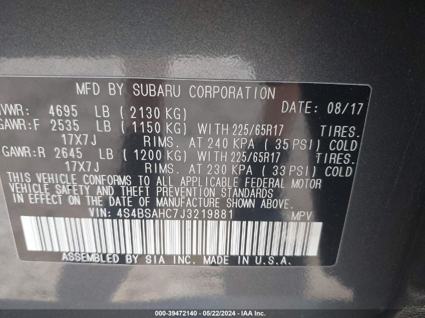 2018 Subaru Outback 2.5I Premium VIN: 4S4BSAHC7J3219881 Lot: 39472140