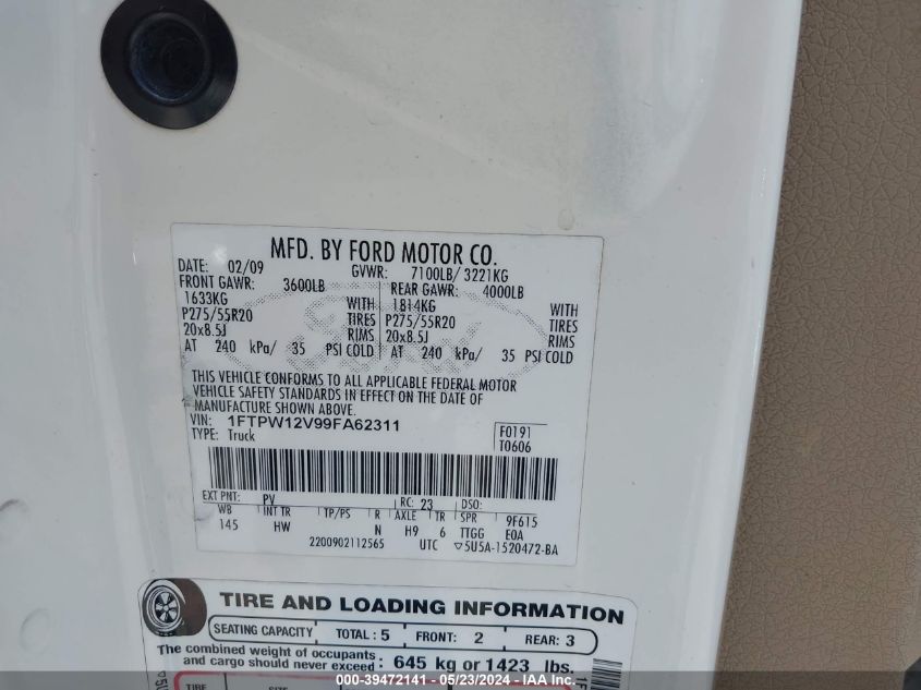 2009 Ford F-150 King Ranch/Lariat/Platinum/Xl/Xlt VIN: 1FTPW12V99FA62311 Lot: 39472141