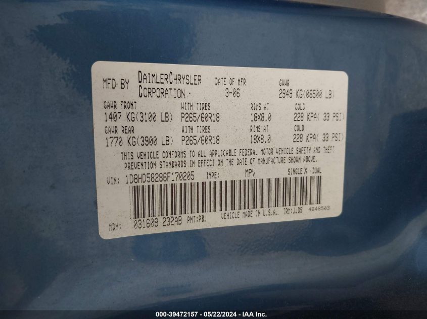 2006 Dodge Durango Limited VIN: 1D8HD58286F170205 Lot: 39472157
