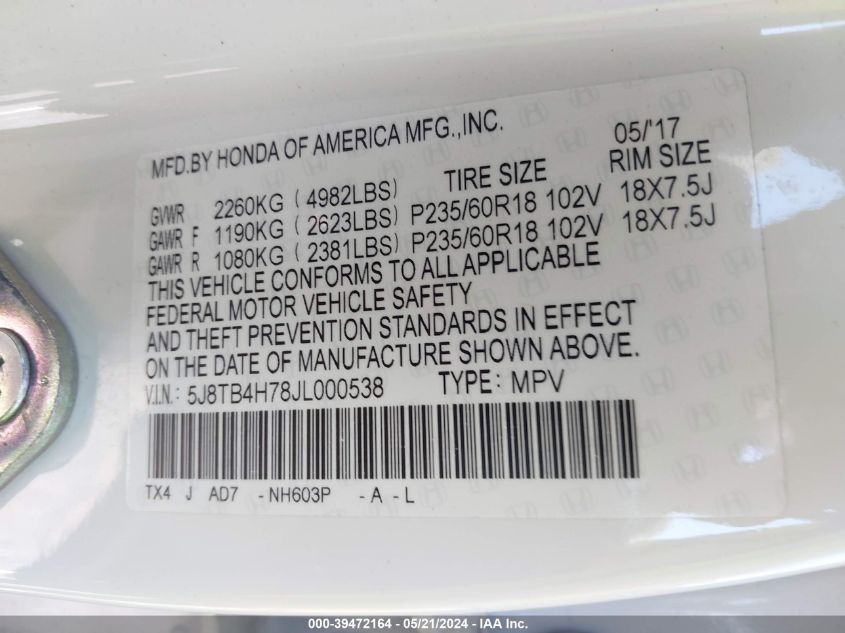 2018 Acura Rdx Advance Package VIN: 5J8TB4H78JL000538 Lot: 39472164