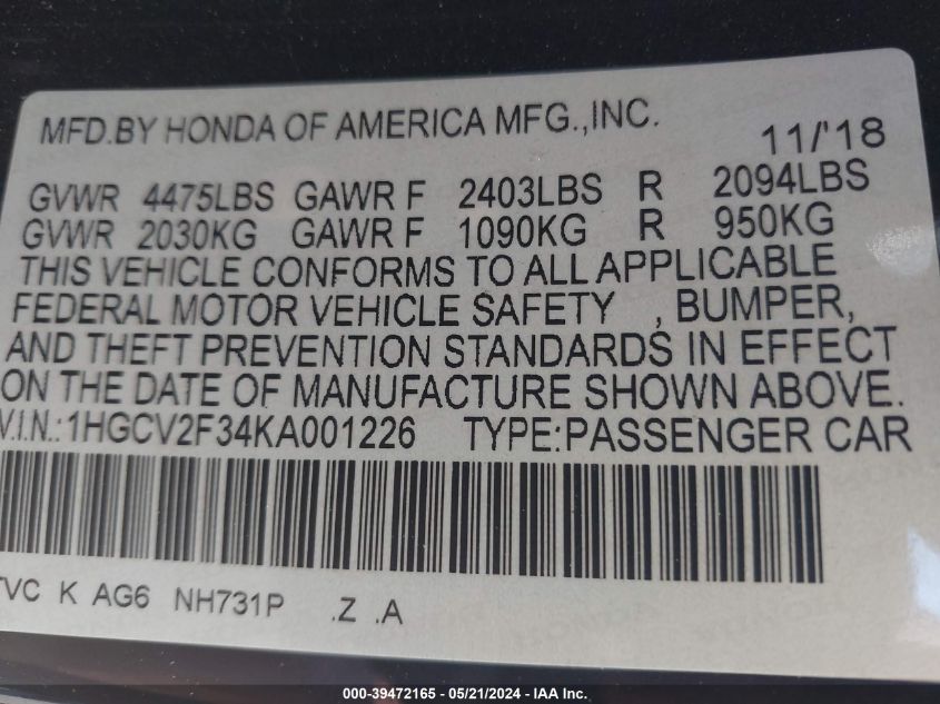 2019 Honda Accord Sport 2.0T VIN: 1HGCV2F34KA001226 Lot: 39472165