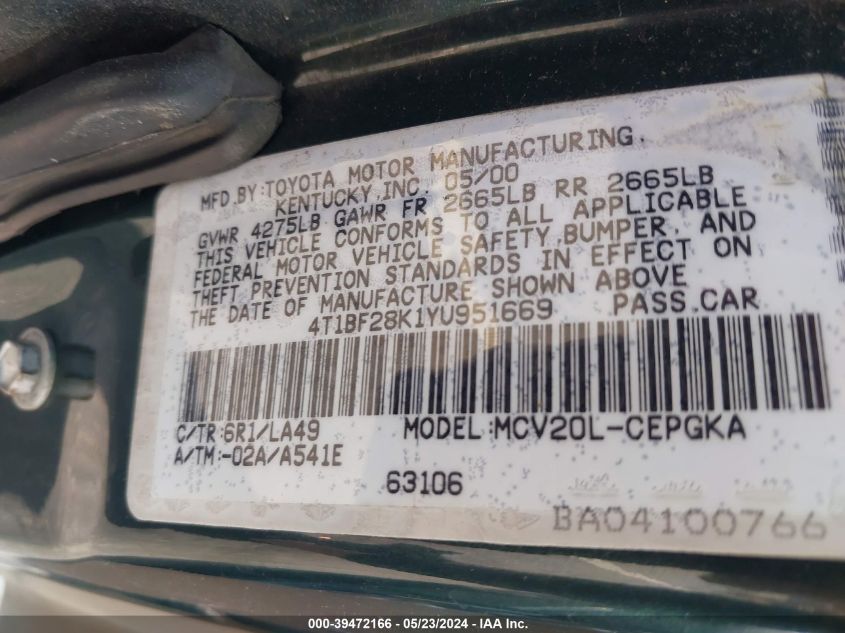 2000 Toyota Camry Xle V6 VIN: 4T1BF28K1YU951669 Lot: 39472166