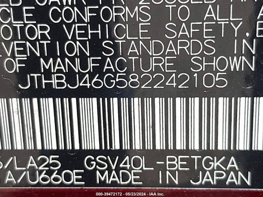 2008 Lexus Es 350 VIN: JTHBJ46G582242105 Lot: 39472172