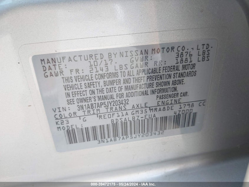 2018 Nissan Sentra S VIN: 3N1AB7AP5JY203432 Lot: 39472175
