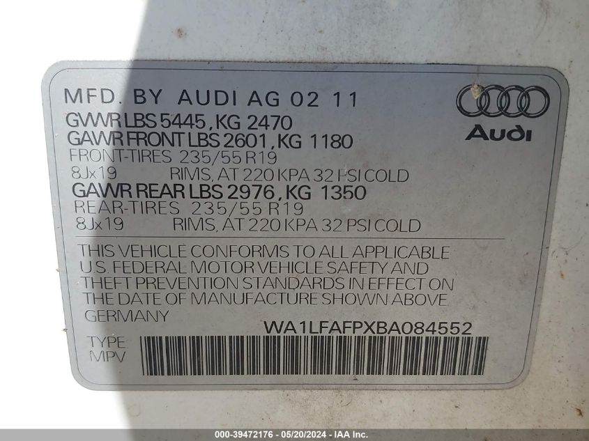 2011 Audi Q5 2.0T Premium VIN: WA1LFAFPXBA084552 Lot: 39472176