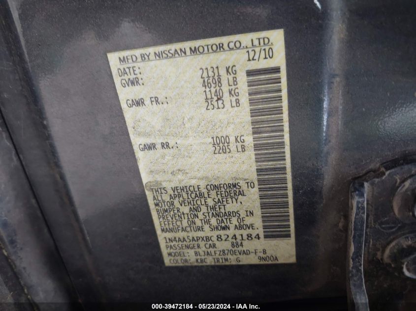 2011 Nissan Maxima 3.5 Sv VIN: 1N4AA5APXBC824184 Lot: 39472184