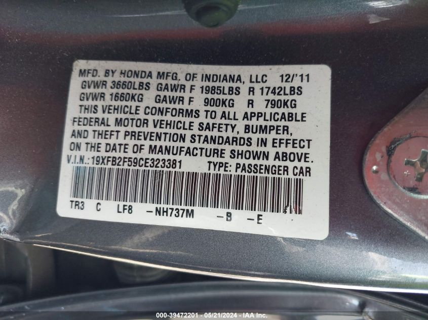 2012 Honda Civic Lx VIN: 19XFB2F59CE323381 Lot: 39472201