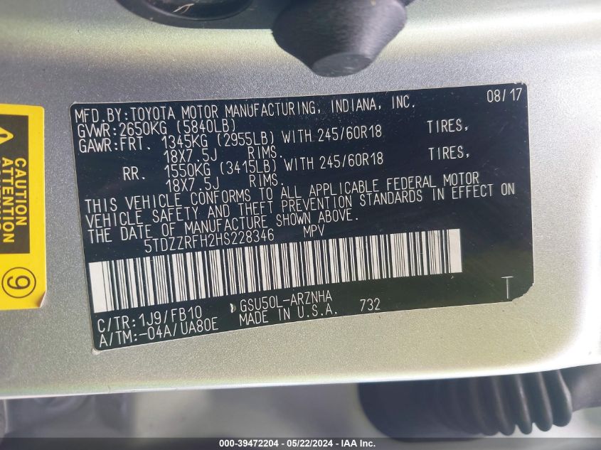 2017 Toyota Highlander Le VIN: 5TDZZRFH2HS228346 Lot: 39472204