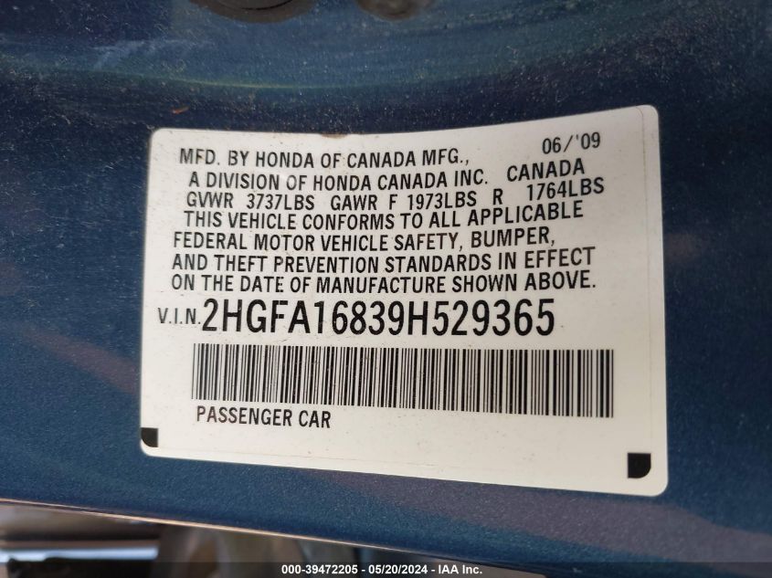 2009 Honda Civic Ex VIN: 2HGFA16839H529365 Lot: 39472205