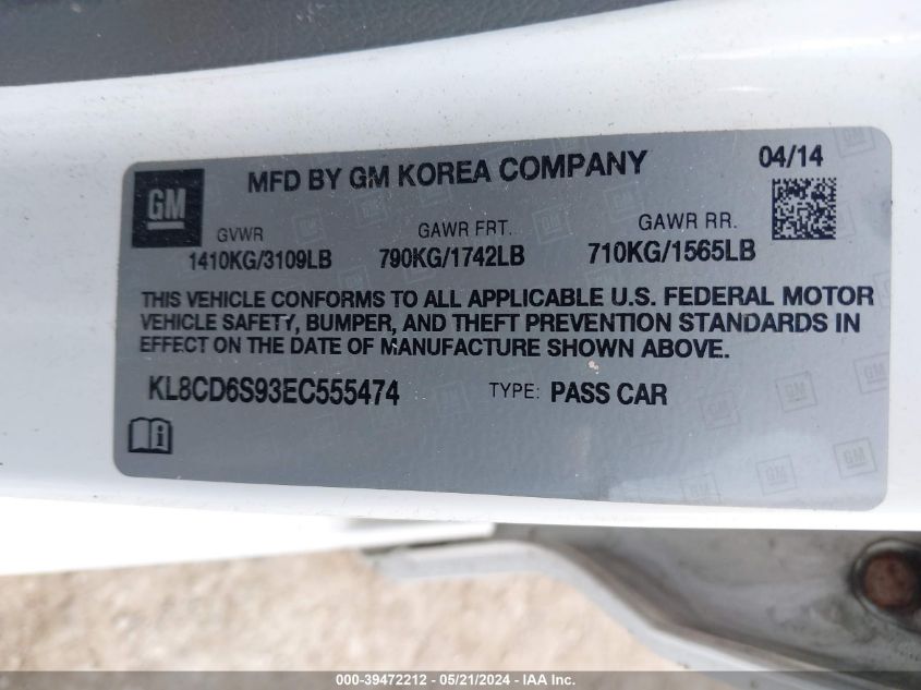2014 Chevrolet Spark 1Lt VIN: KL8CD6S93EC555474 Lot: 39472212