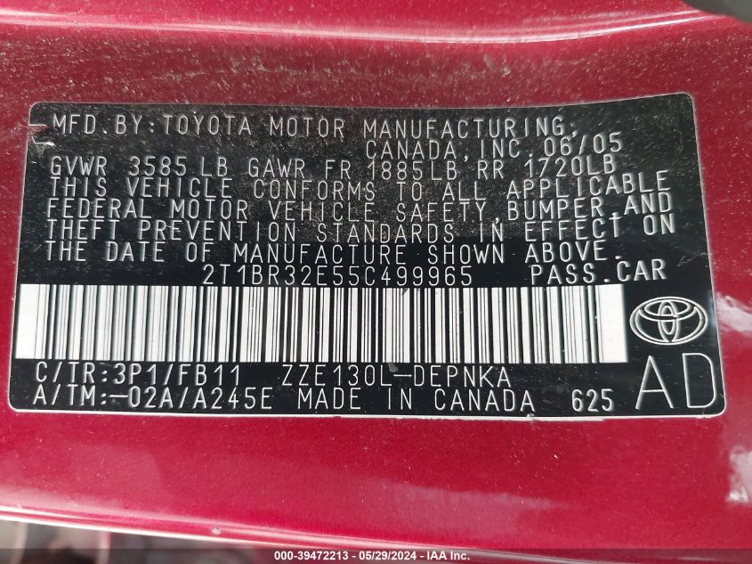 2005 Toyota Corolla Le VIN: 2T1BR32E55C499965 Lot: 39472213