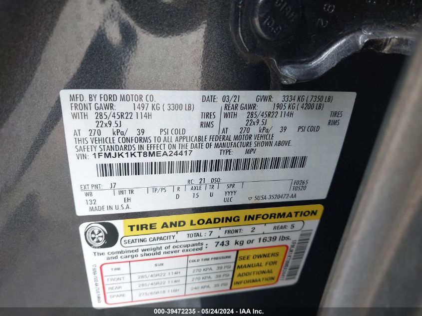 2021 Ford Expedition Limited Max VIN: 1FMJK1KT8MEA24417 Lot: 39472235