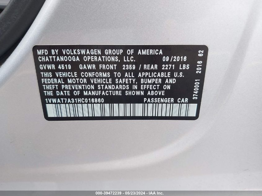 2017 Volkswagen Passat 1.8T S VIN: 1VWAT7A31HC016860 Lot: 39472239
