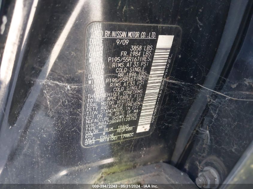 2009 Nissan Cube 1.8Sl VIN: JN8AZ28R49T128752 Lot: 39472243