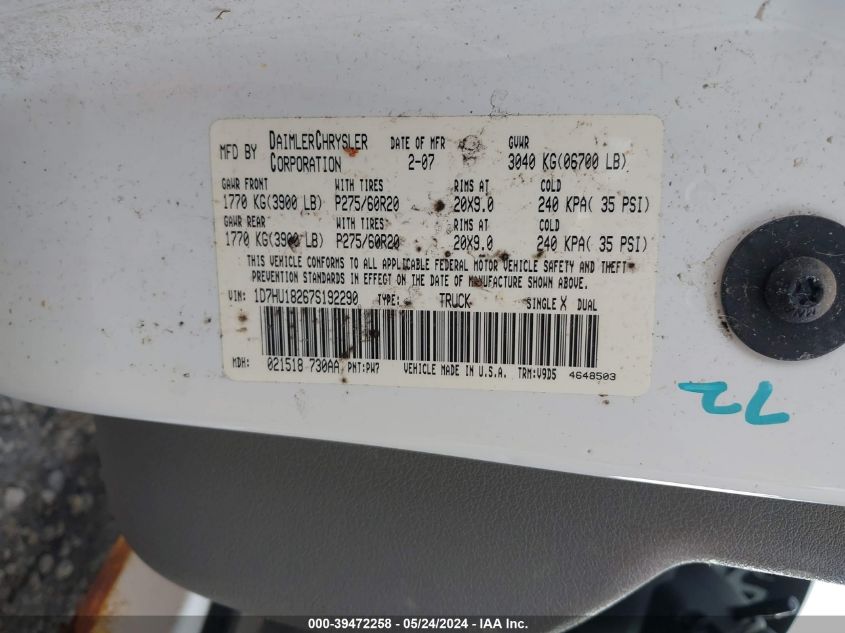 2007 Dodge Ram 1500 Slt/Trx4 Off Road/Sport VIN: 1D7HU18267S192290 Lot: 39472258