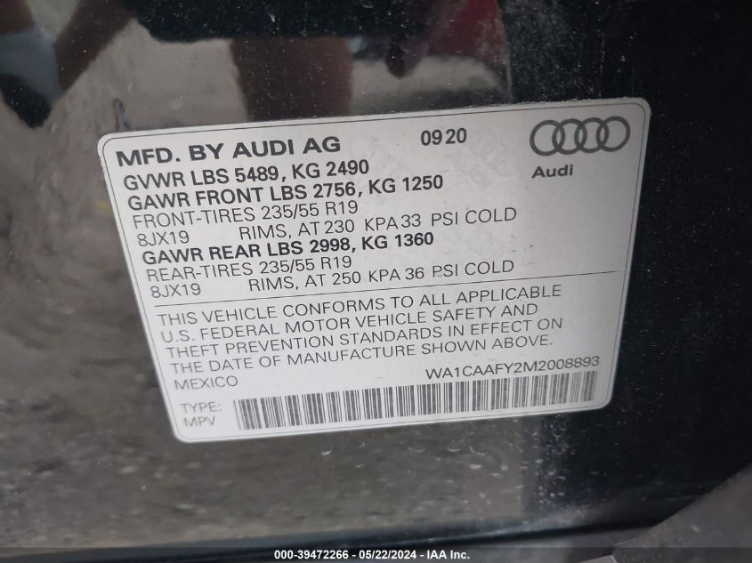 2021 Audi Q5 Prestige 45 Tfsi Quattro S Tronic VIN: WA1CAAFY2M2008893 Lot: 39472266