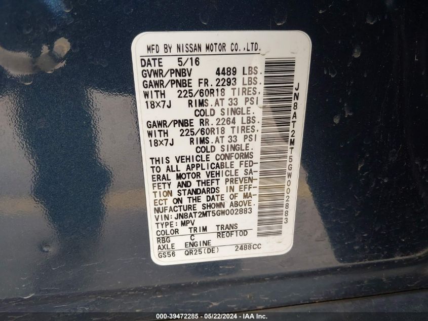 2016 Nissan Rogue Sl VIN: JN8AT2MT5GW002883 Lot: 39472285