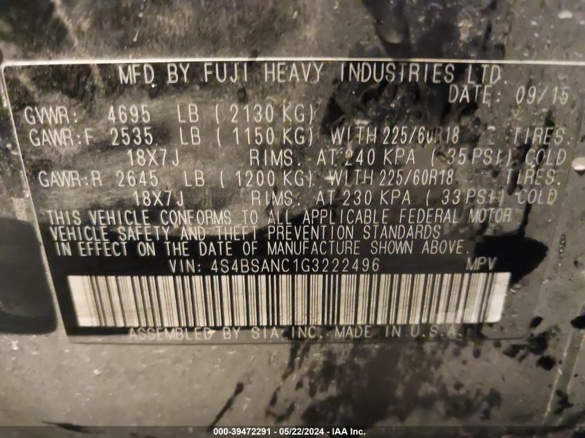 2016 Subaru Outback 2.5I Limited VIN: 4S4BSANC1G3222496 Lot: 39472291