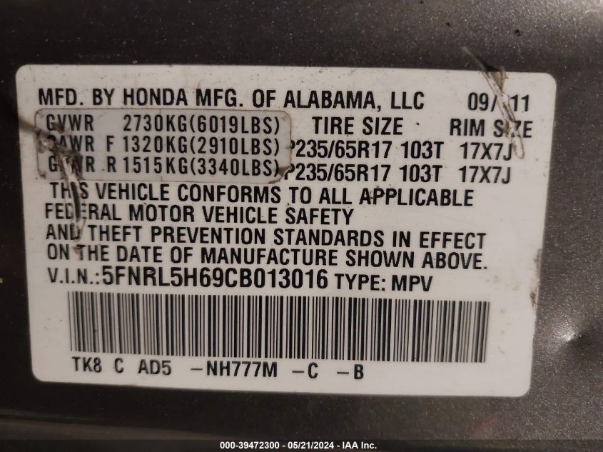 2012 Honda Odyssey Ex-L VIN: 5FNRL5H69CB013016 Lot: 39472300