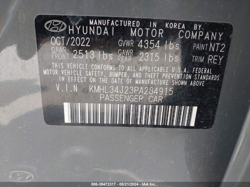 2023 Hyundai Sonata Limited VIN: KMHL34J23PA284915 Lot: 39472317