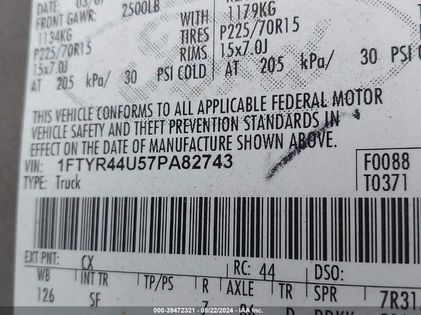 2007 Ford Ranger Sport/Stx/Xlt VIN: 1FTYR44U57PA82743 Lot: 39472321