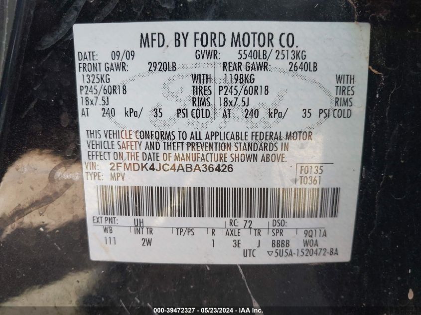 2010 Ford Edge Sel VIN: 2FMDK4JC4ABA36426 Lot: 39472327