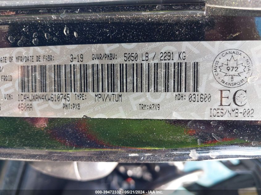 2019 Jeep Wrangler Sport VIN: 1C4HJXAN4KW610745 Lot: 39472332