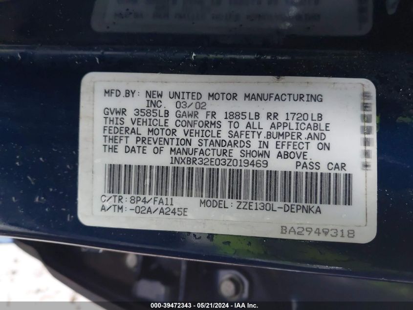 2003 Toyota Corolla Le VIN: 1NXBR32E03Z019469 Lot: 39472343