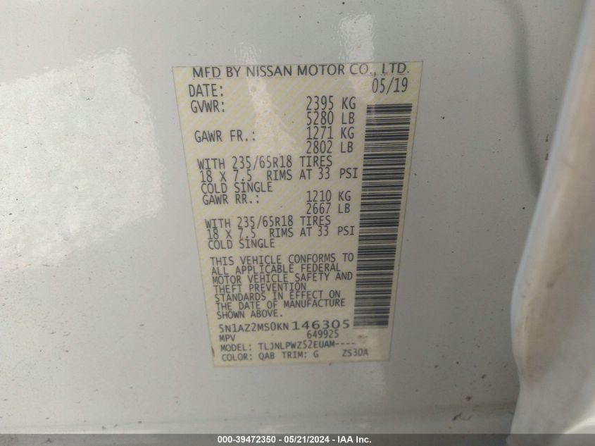 2019 Nissan Murano S VIN: 5N1AZ2MS0KN146305 Lot: 39472350
