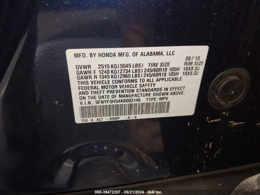 2019 Honda Pilot Ex-L VIN: 5FNYF5H54KB003146 Lot: 39472357