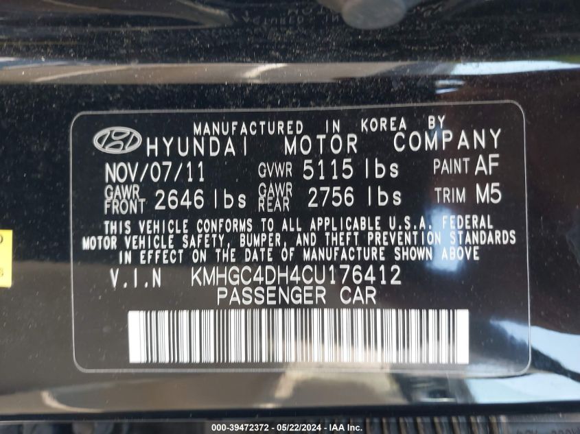 2012 Hyundai Genesis 5.0 VIN: KMHGC4DH4CU176412 Lot: 39472372